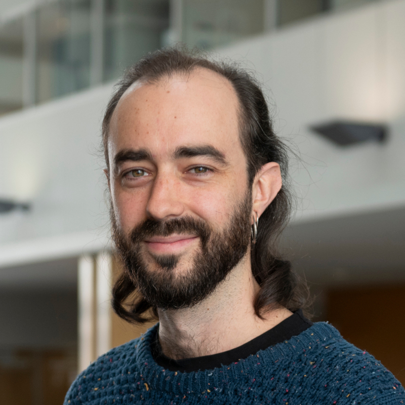 Alex has white skin, green eyes, a thick dark beard and dark long hair though with noticeable receding hairline.